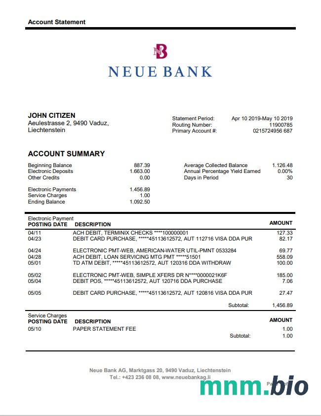 Wyciąg bankowy Liechtenstein Neue Bank AG łatwy do wypełnienia szablon .xls i .format pliku pdf